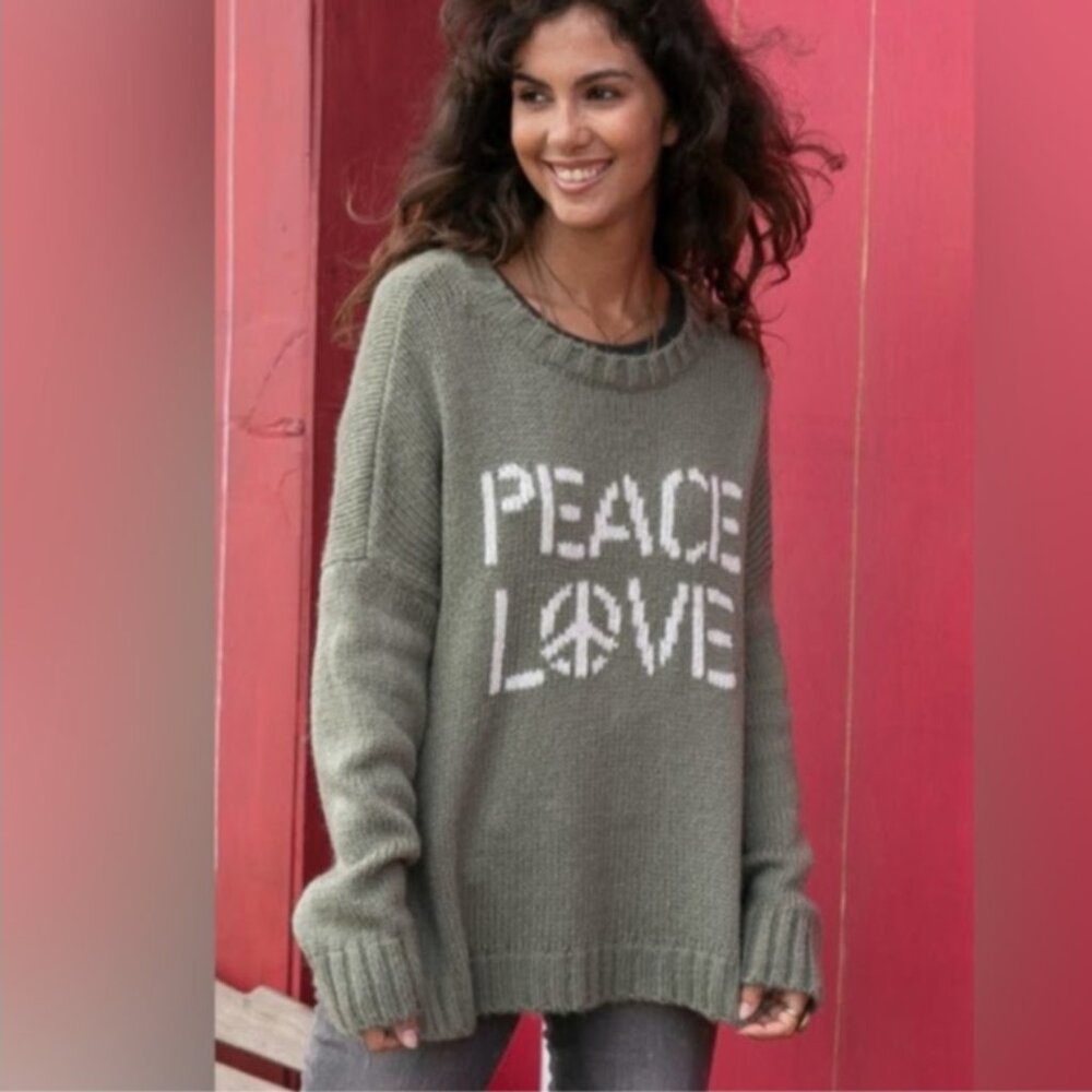 Wooden Ships Chunky Knit Peace Love Crewneck Mohair Blend Sweater Women's XS - Picture 2 of 8
